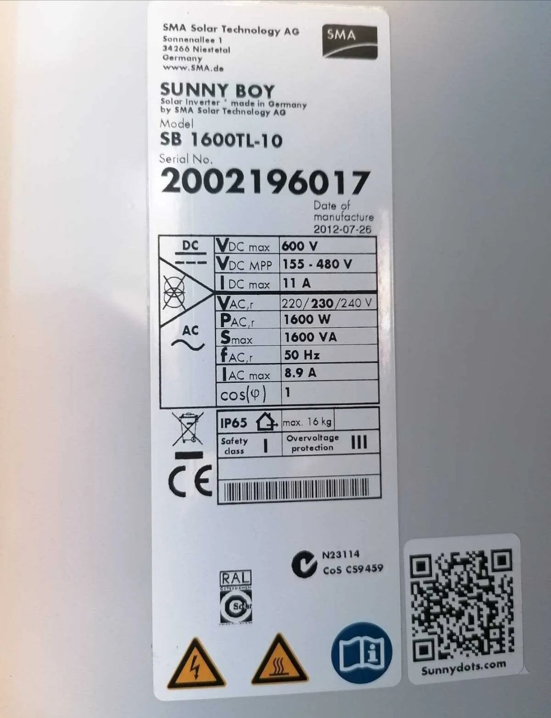 SMA Sunny boy sb1600tl-10 1600TL 1.6kw 230w 1600w new