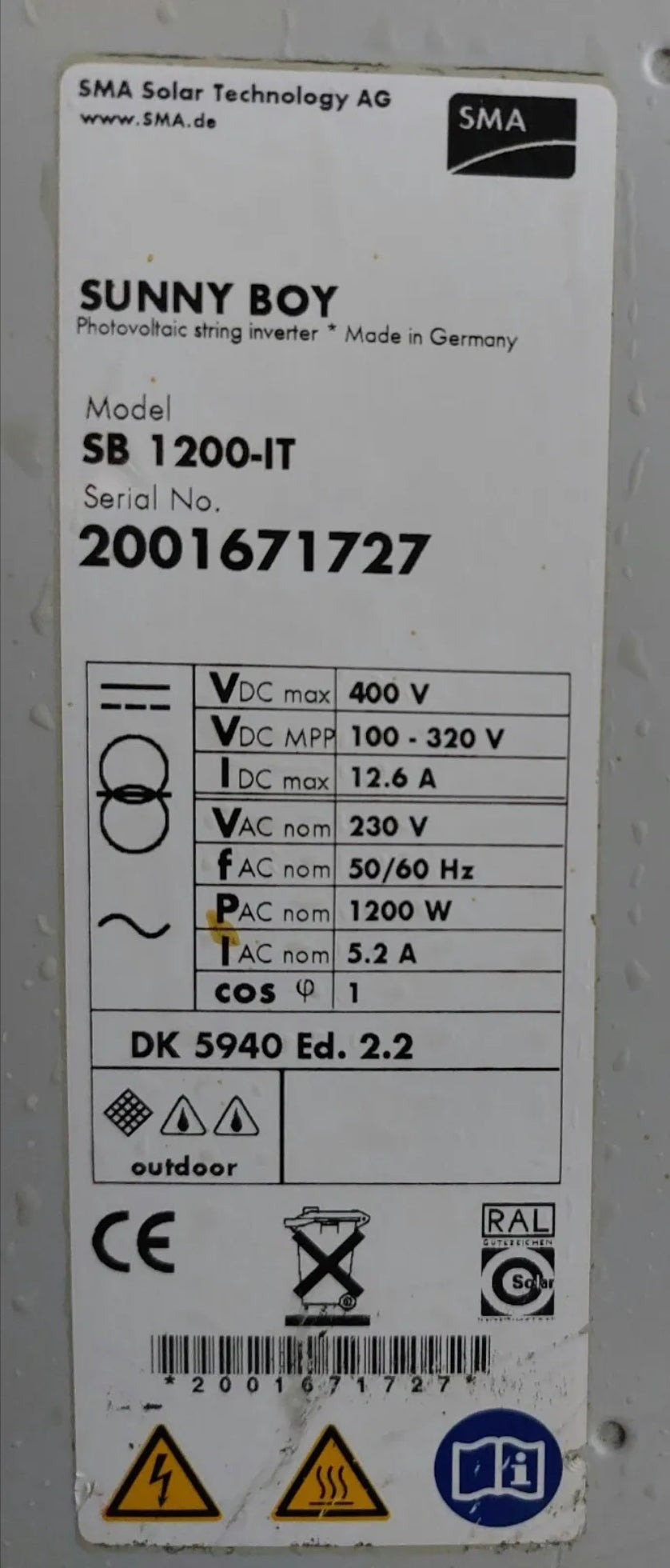 SMA Sunny Boy 1200-IT 1.2kW монофазен 230VAC 1200W