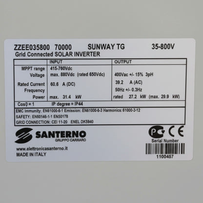 Santerno SUNWAY TG 70000 Solar Inverter | 27.2 kW | 3-Phase 400V | 1 MPPT | Grid-Tied