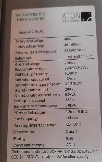 ATON SRL ATZ-3K-AC 3000W 3KW Single Phase 230vac HYBRID 48V Photovoltaic Inverter