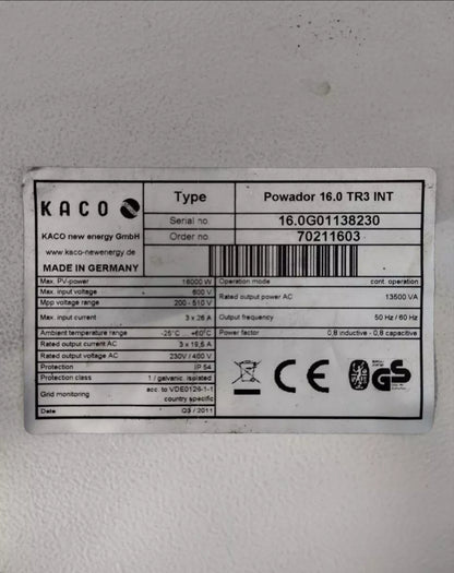 KACO Powador 16.0 TR3 INT 16000W 600V 13500V 50Hz/60Hz ДИСПЛЕЙ Монитор