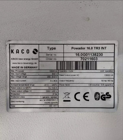 KACO Powador 16.0 TR3 INT 16000W 13500V 50/60Hz 600V Power Card