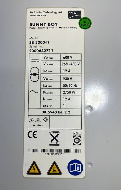 SMA Sunny Boy SB 3000-IT – 3kW Solar Inverter (Used, 1-Year Warranty)