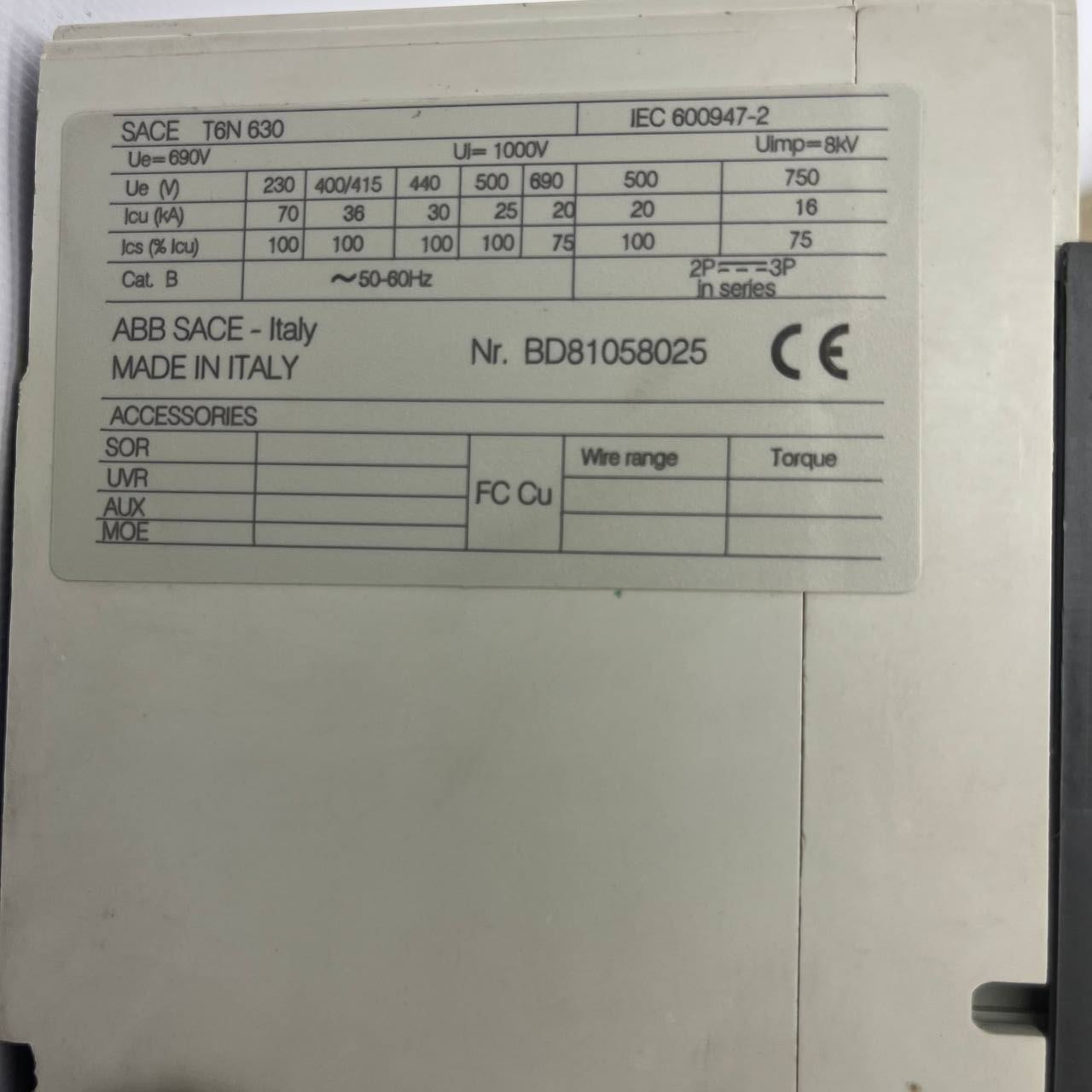 ABB SACE Tmax T6N 630 | 3-Pole Circuit Breaker | 1000V | 630A | Made in Italy