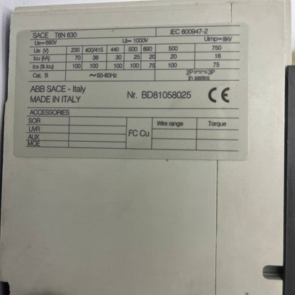 ABB SACE Tmax T6N 630 | 3-Pole Circuit Breaker | 1000V | 630A | Made in Italy