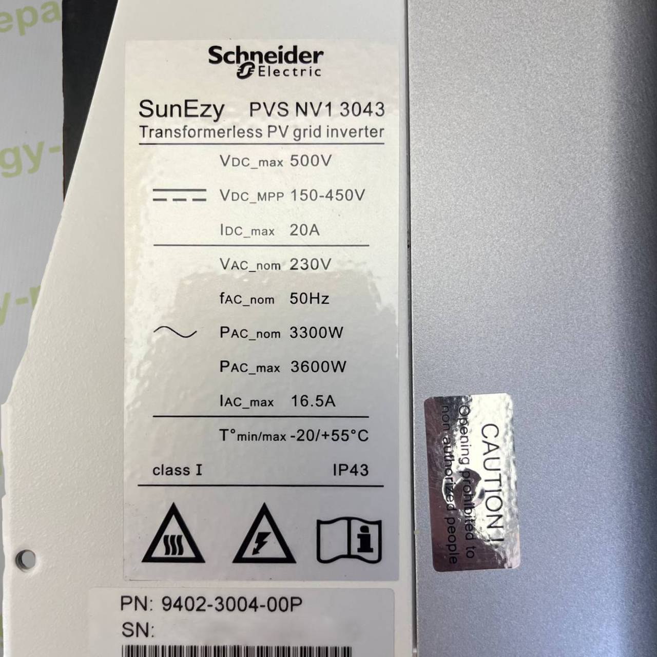 Schneider Electric SunEzy PVS NV1 3043 | 3.3 kW Grid-Tied Inverter | 230V AC | 500V DC | IP43 | Transformer-Based | Single-Phase