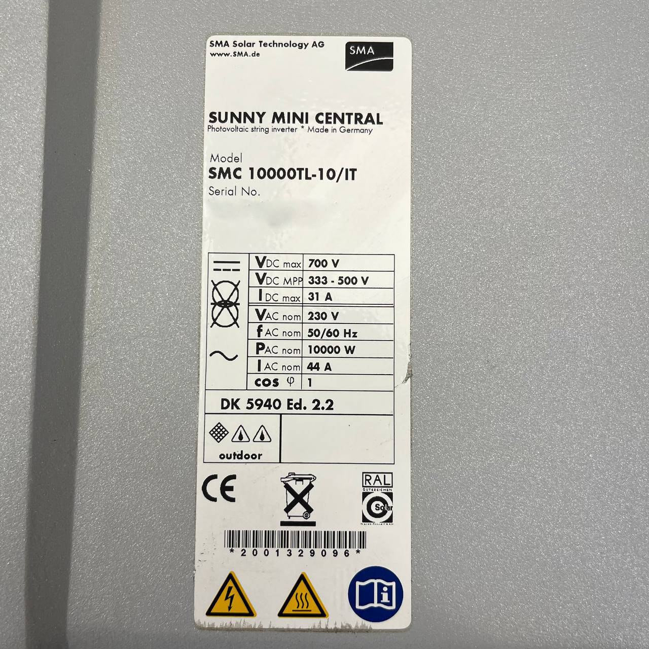 SMA Sunny Mini Central SMC 10000TL-10/IT | 10 kW String Inverter | Single-Phase | Outdoor | High Efficiency