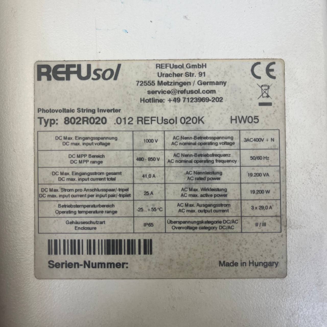 REFUsol 020K (Typ 802R020.012) | 19.2 kW 3-Phase Solar Inverter
