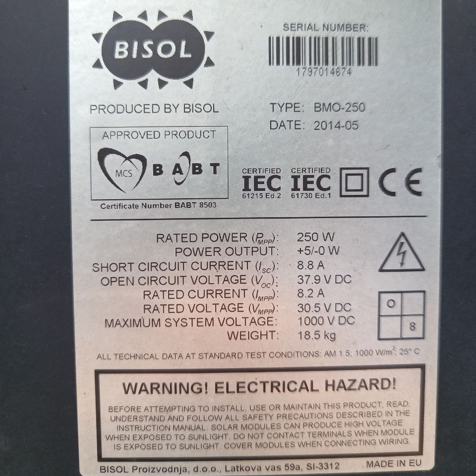 BISOL BMO-250 250W Photovoltaic Panels with Integrated Tigo MM-ES050V300W Optimizers – Tested & Fully Functional Solar Module Lot