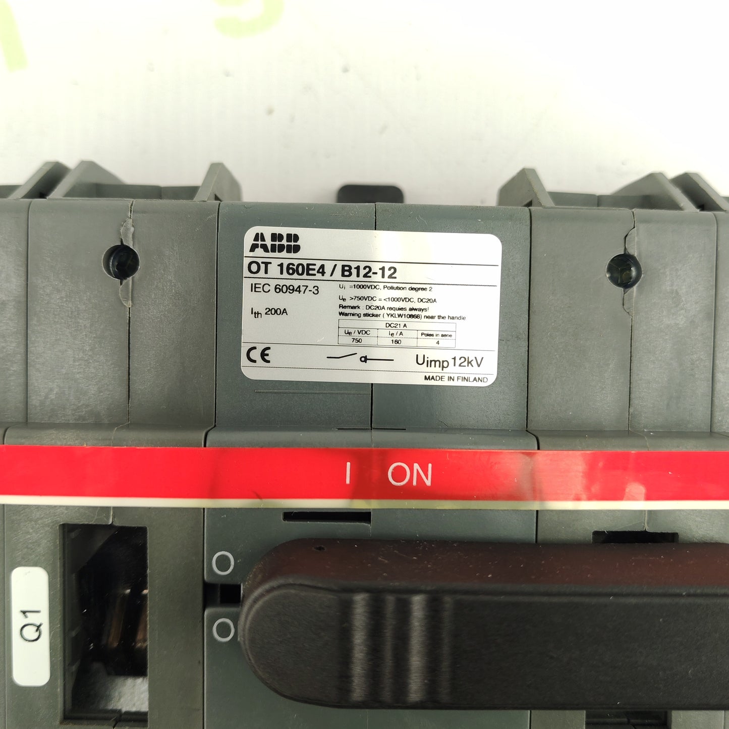 ABB OT160E4 / B12-12 | 200A 4-Pole Manual Switch Disconnector | 600VAC | UL Listed | Made in Finland