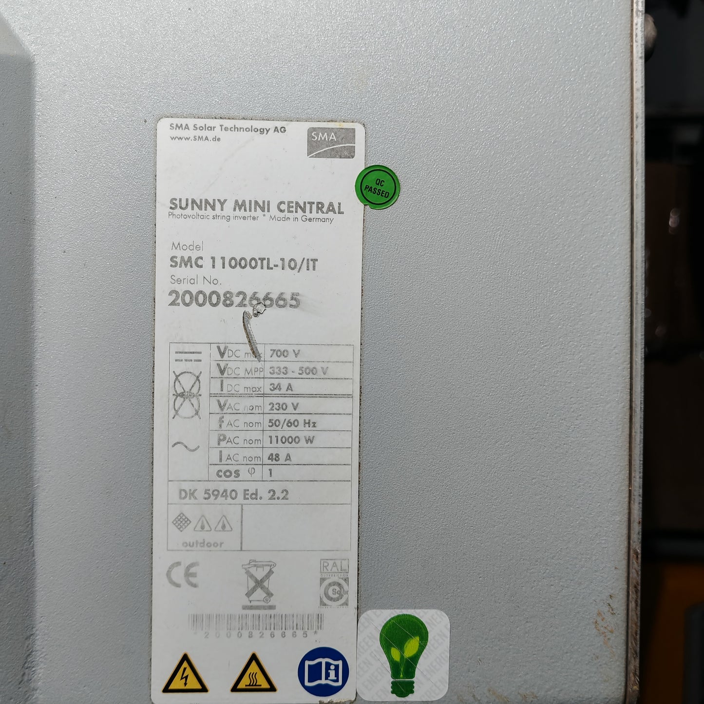 SMA Sunny Mini Central SMC 11000TL | Photovoltaic Inverter | 11kW Single-Phase | 230V AC | 1 MPPT