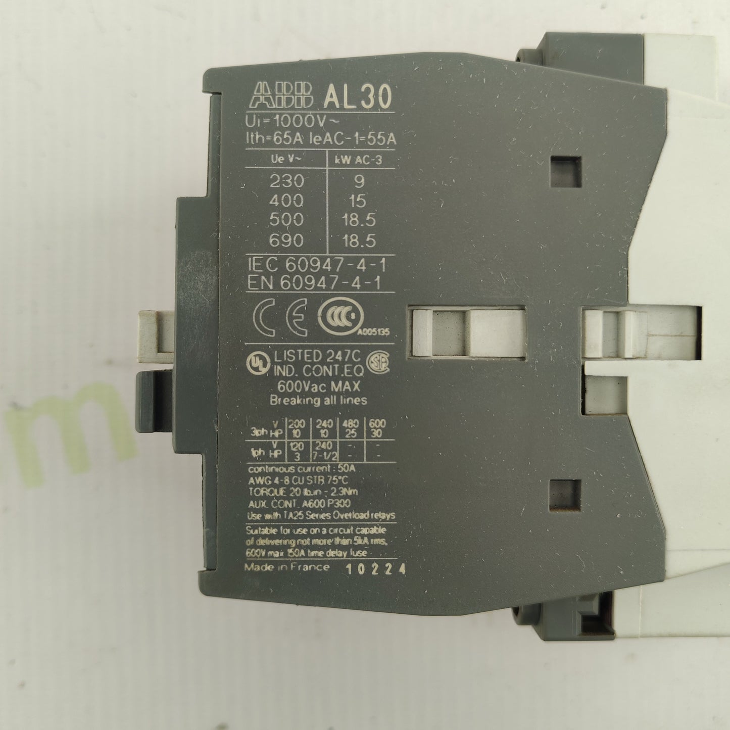ABB AL30-30-10 Contactor | 3NO + 1NO | 65A AC1 / 18.5kW AC3 | IEC 60947 | Made in France