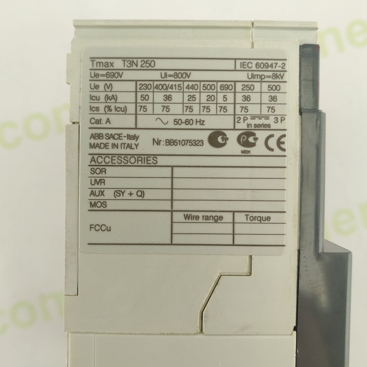 ABB SACE Tmax T3N 250 | 3-Pole MCCB | 250A | Adjustable Thermal-Magnetic Circuit Breaker | Made in Italy