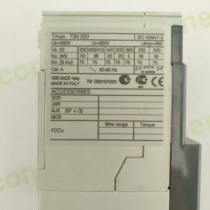 ABB SACE Tmax T3N 250 | 3-Pole MCCB | 250A | Adjustable Thermal-Magnetic Circuit Breaker | Made in Italy