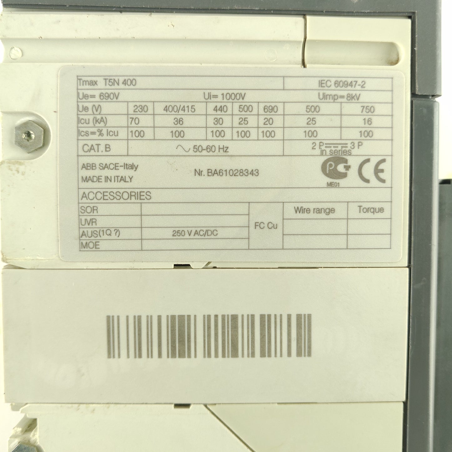ABB SACE Tmax T5N 400 Circuit Breaker | 3-Pole | 400A | 690V AC | 36kA @ 415V | Adjustable Trip Unit | Made in Italy