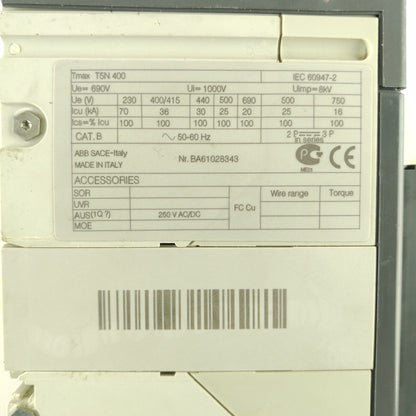 ABB SACE Tmax T5N 400 Circuit Breaker | 3-Pole | 400A | 690V AC | 36kA @ 415V | Adjustable Trip Unit | Made in Italy