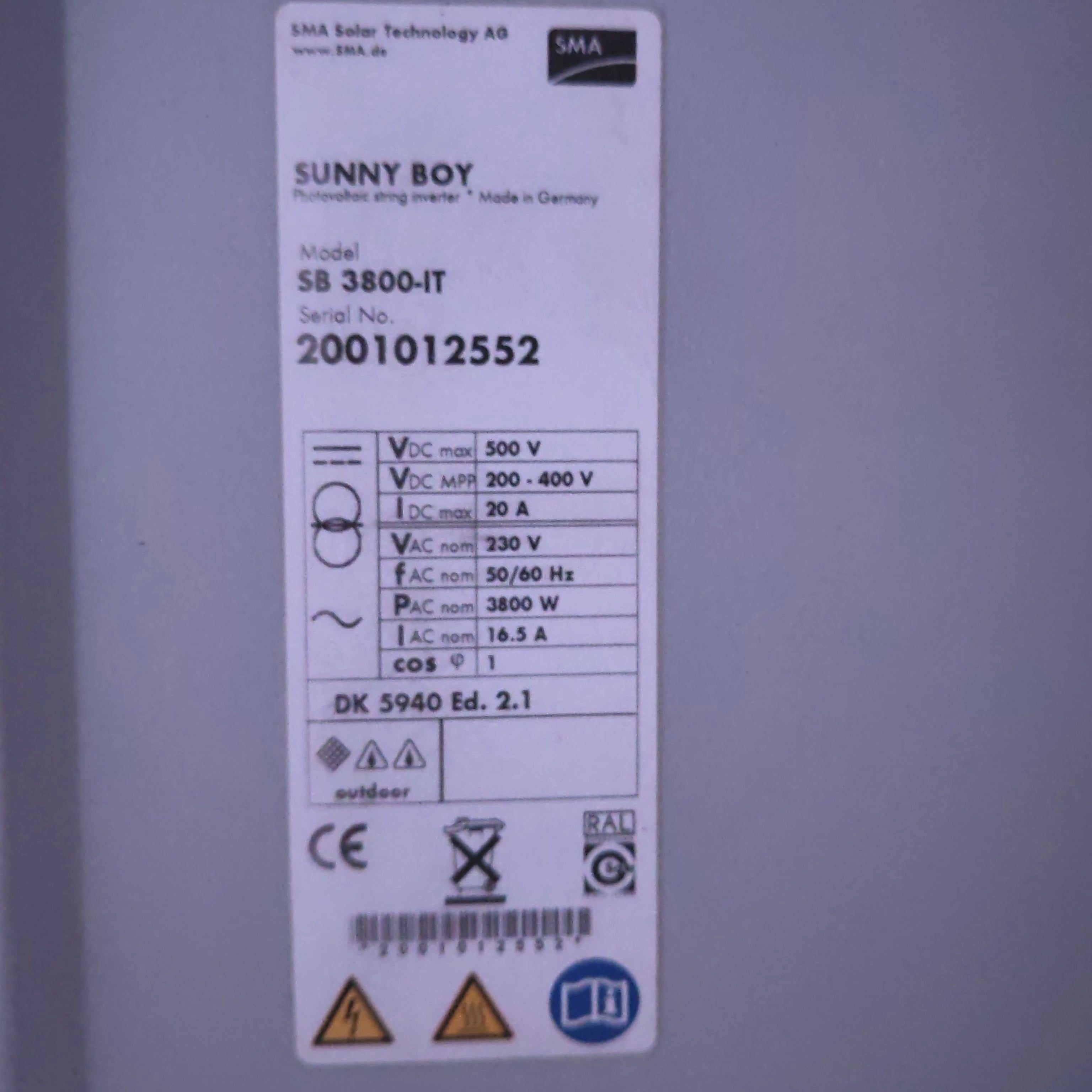 SMA Sunny Boy SB 3800IT | 3.8 kW | Single-Phase Grid-Tie Inverter