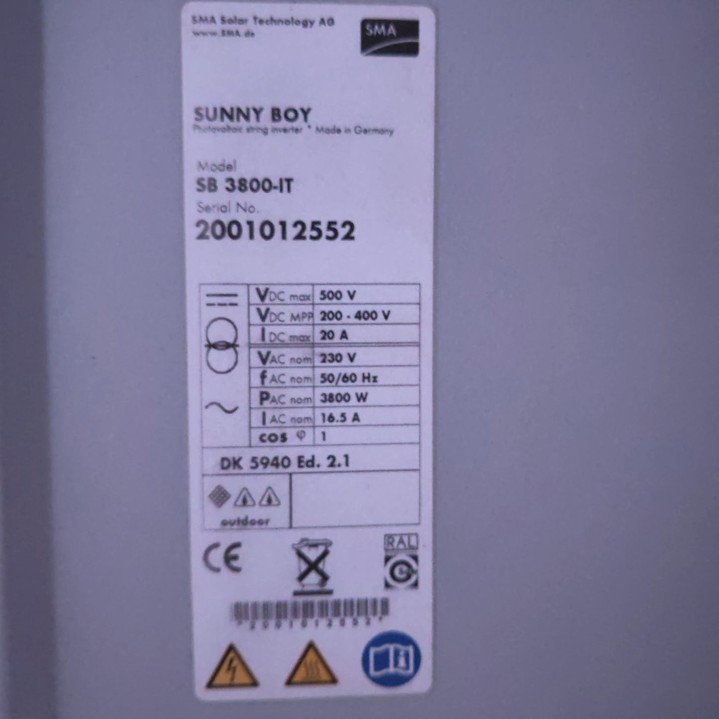 SMA Sunny Boy SB 3800-IT | 3.8 kW | Single-Phase Grid-Tie Inverter | Made in Germany