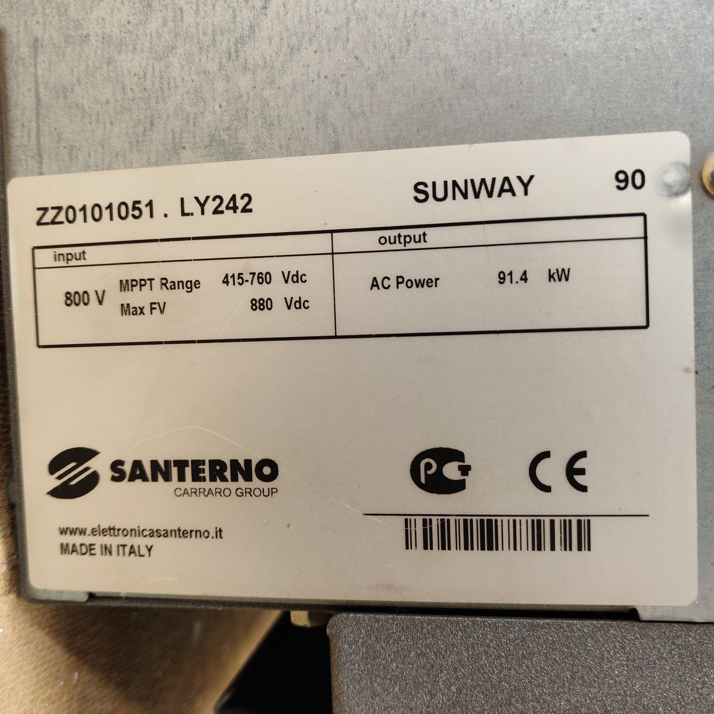 Santerno SUNWAY 90 Power Module | 91.4 kW | Input 800 V DC | MPPT 415–760 V